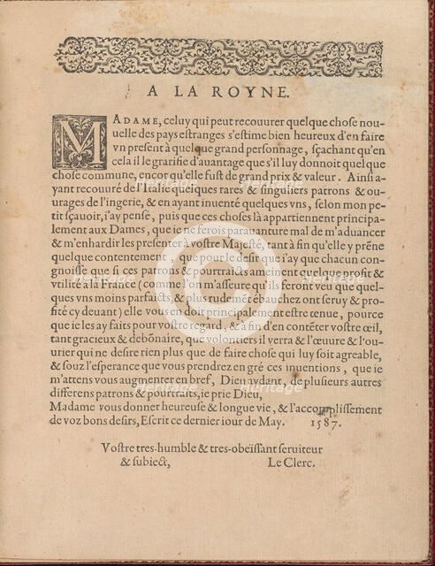 Les Singuliers et Nouveaux Portraicts... page 4 (recto), 1588. Creator: Federico de Vinciolo.