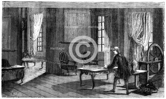 Lesage experimenting with the first electric telegraph, Geneva, 1774 (1876). Artist: Unknown