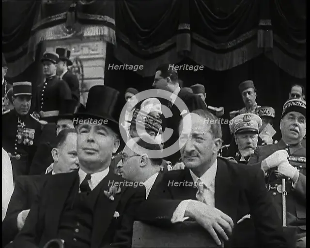 Leslie Hore-Belisha, British Secretary of State for War, and Other Dignitaries in Raked..., 1939. Creator: British Pathe Ltd.