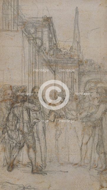 Literary Illustration: Man with Sword Confronting Group of Figures Before Building, n.d. Creator: Hubert Francois Gravelot.