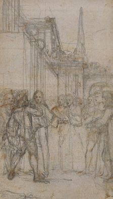 Literary Illustration: Man with Sword Confronting Group of Figures Before Building, n.d. Creator: Hubert Francois Gravelot