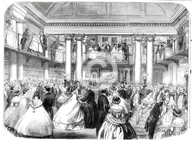 Literary reunion in Mr. Mudie's new hall, 1860. Creator: Unknown.