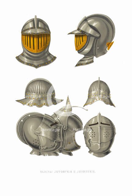 Lithuanian and Livonian helmets. From the Antiquities of the Russian State, 1849-1853. Creator: Solntsev, Fyodor Grigoryevich (1801-1892).