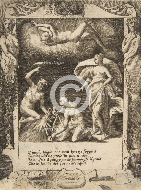 Litigium removed from the body of Chaos while his mother is thrown into the air, set wi..., 1531-76. Creator: Giulio Bonasone.