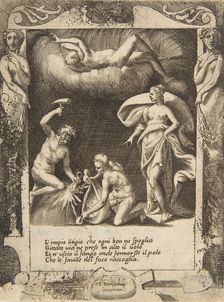 Litigium removed from the body of Chaos while his mother is thrown into the air, set wi..., 1531-76. Creator: Giulio Bonasone