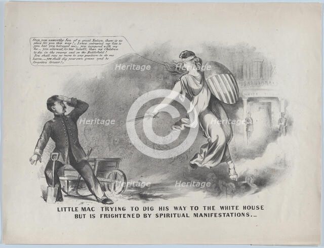 Little Mac Trying to Dig His Way to the White House, But is Frightened by Spiritual Ma..., ca. 1864. Creator: Anon.