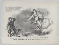 Little Mac Trying to Dig His Way to the White House, But is Frightened by Spiritual Ma..., ca. 1864. Creator: Anon