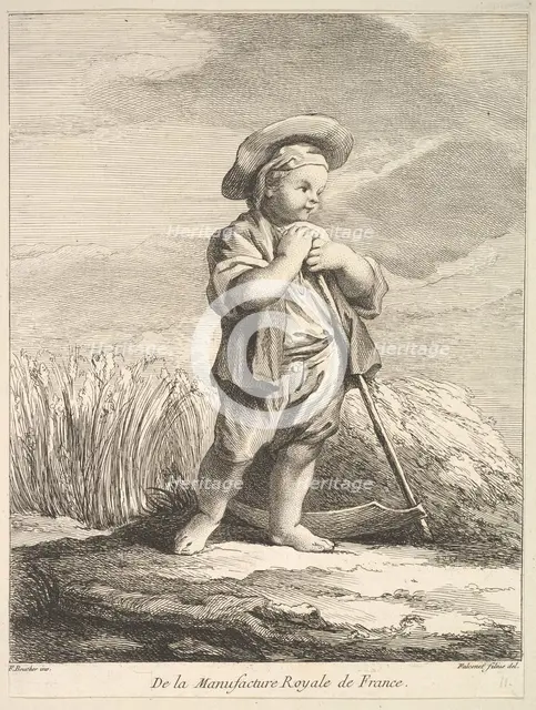 Little boy with a scythe, from Premier Livre de Figures d'après les porcelaines de la Manu..., 1757. Creator: Pierre Etienne Falconet.
