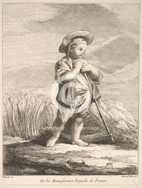 Little boy with a scythe, from Premier Livre de Figures d'après les porcelaines de la Manu..., 1757. Creator: Pierre Etienne Falconet.
