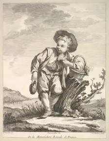 Little boy holding a basket of grapes, from Deuxième Livre de Figures d'après les po..., after 1757. Creator: Pierre Francois Tardieu