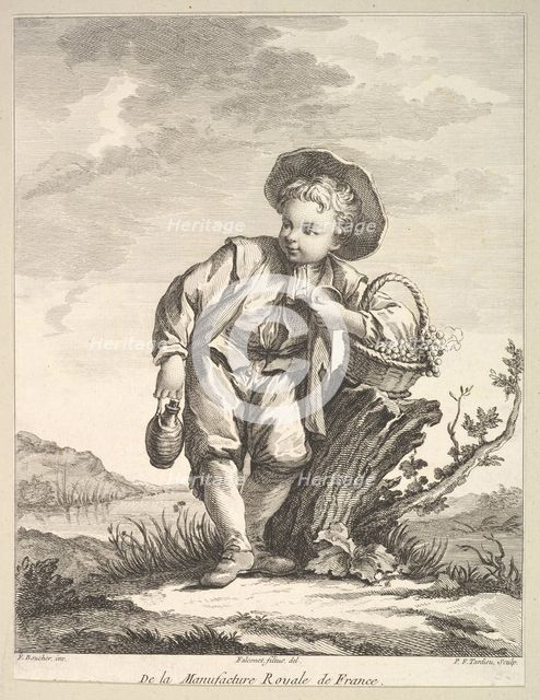 Little boy holding a basket of grapes, from Deuxième Livre de Figures d'après les po..., after 1757. Creator: Pierre Francois Tardieu.