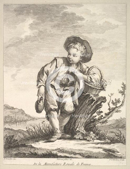 Little boy holding a basket of grapes, from Deuxième Livre de Figures d'après les po..., after 1757. Creator: Pierre Francois Tardieu.