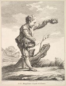 Little boy holding a wreath and basket of flowers, from Deuxième Livre de Figures d .., after 1757. Creator: Pierre Francois Tardieu