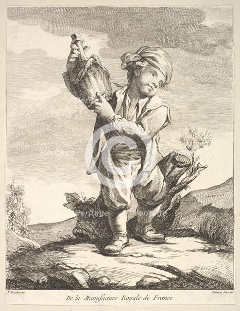 Little boy holding a vessel, from Premier Livre de Figures d'après les porcelaines de la M..., 1757. Creator: Pierre Etienne Falconet.