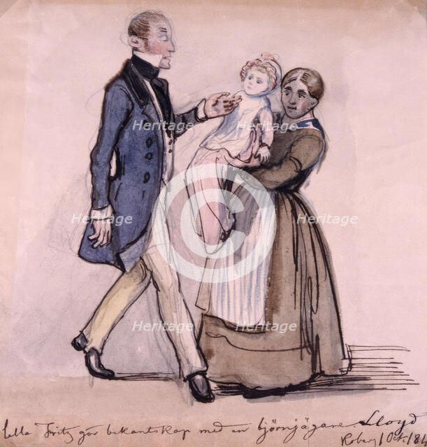 "Little Fritz makes the acquaintance of a bear hunter Lloyd. Koberg 1 Oct. 1843."  Creator: Fritz von Dardel.