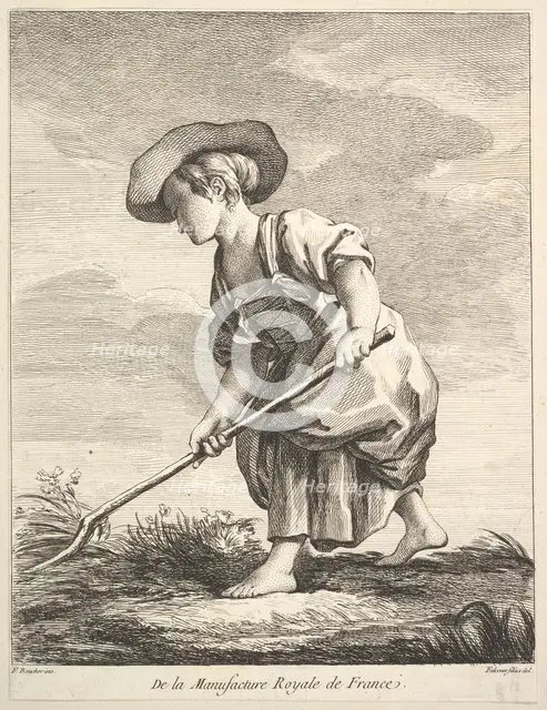 Little girl doing farm work, from Premier Livre de Figures d'après les porcelaines de la M..., 1757. Creator: Pierre Etienne Falconet.