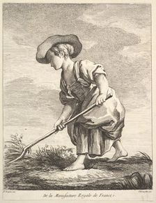 Little girl doing farm work, from Premier Livre de Figures d'après les porcelaines de la M..., 1757. Creator: Pierre Etienne Falconet