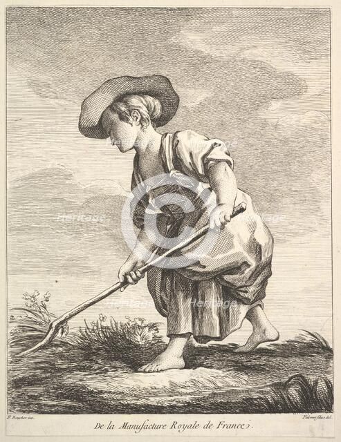 Little girl doing farm work, from Premier Livre de Figures d'après les porcelaines de la M..., 1757. Creator: Pierre Etienne Falconet.
