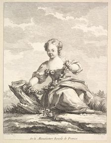 Little girl holding a garland of flowers, from Deuxième Livre de Figures d'après les..., after 1757. Creator: Pierre Francois Tardieu