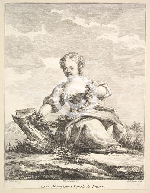 Little girl holding a garland of flowers, from Deuxième Livre de Figures d'après les..., after 1757. Creator: Pierre Francois Tardieu.