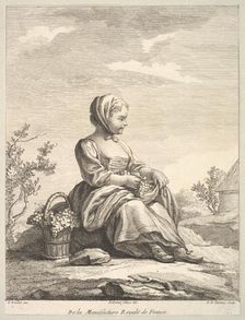 Little girl holding grapes with a basket of them by her side, from Deuxième Livre de..., after 1757. Creator: Pierre Francois Tardieu