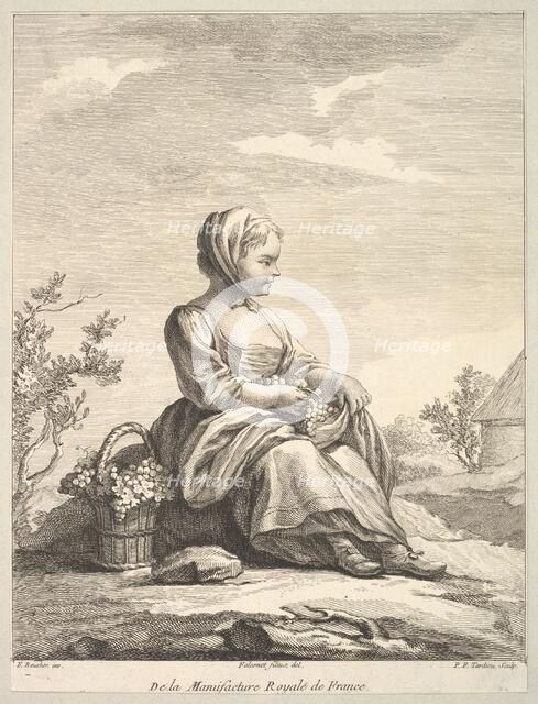 Little girl holding grapes with a basket of them by her side, from Deuxième Livre de..., after 1757. Creator: Pierre Francois Tardieu.