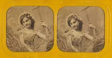 Little girl in field of hay holding a rake, 1855-1860. Creator: Unknown