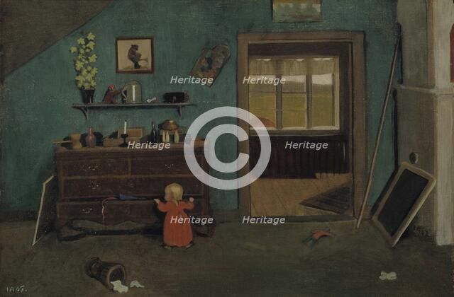 Little Girl in Front of an Open Chest of Drawers, 1907. Creator: Ivar Arosenius.