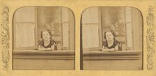 Little girl leaning out of an open window, arms crossed, 1855-1865. Creator: Levy Fils & Cie