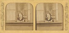 Little girl leaning out of an open window, arms crossed, 1855-1865. Creator: Levy Fils & Cie