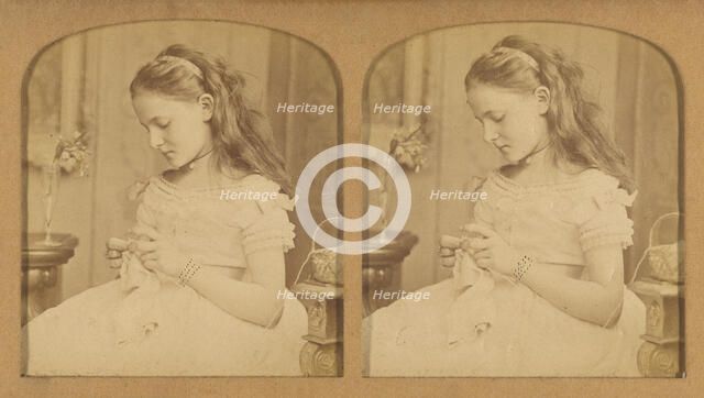 Little girl sewing, 1855-1865. Creator: F. Grau.