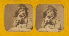 Little girl seated with hand on cheek, open book in front of her, 1855-1860. Creator: Unknown