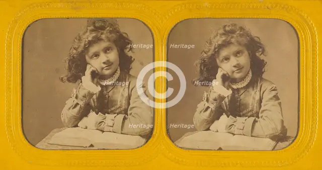 Little girl seated with hand on cheek, open book in front of her, 1855-1860. Creator: Unknown.