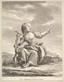 Little girl playing with a dog, from Deuxième Livre de Figures d'après les porcelain..., after 1757. Creator: Pierre Francois Tardieu