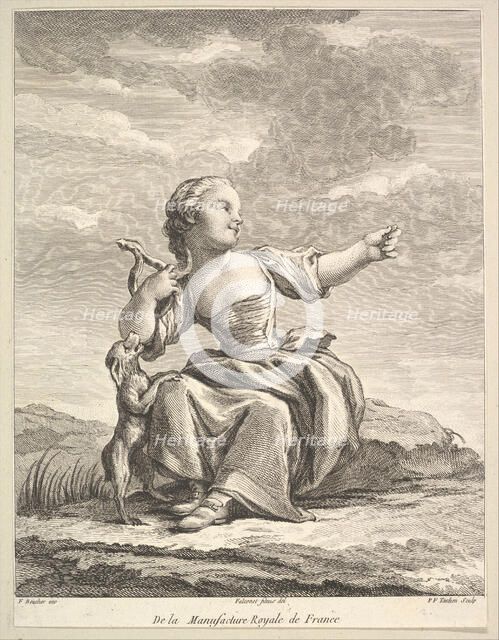 Little girl playing with a dog, from Deuxième Livre de Figures d'après les porcelain..., after 1757. Creator: Pierre Francois Tardieu.