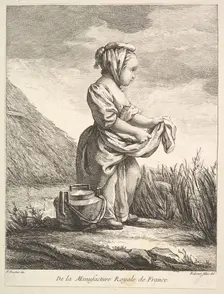 Little girl with a vessel by her feet, from Premier Livre de Figures d'après les porcelain..., 1757. Creator: Pierre Etienne Falconet