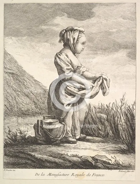 Little girl with a vessel by her feet, from Premier Livre de Figures d'après les porcelain..., 1757. Creator: Pierre Etienne Falconet.