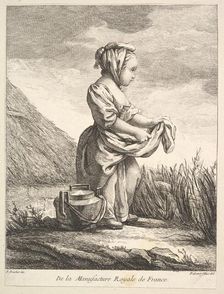 Little girl with a vessel by her feet, from Premier Livre de Figures d'après les porcelain..., 1757. Creator: Pierre Etienne Falconet