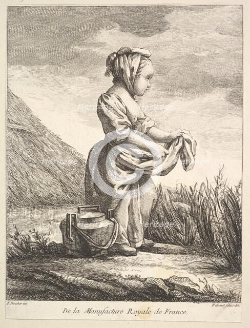 Little girl with a vessel by her feet, from Premier Livre de Figures d'après les porcelain..., 1757. Creator: Pierre Etienne Falconet.