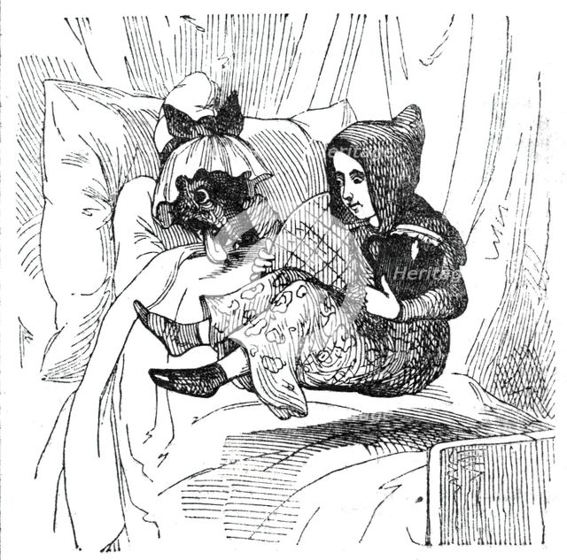 Little Red Riding Hood and the wolf disguised as her grandmother, 1842. Creator: Unknown.