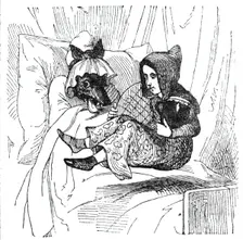 Little Red Riding Hood and the wolf disguised as her grandmother, 1842. Creator: Unknown
