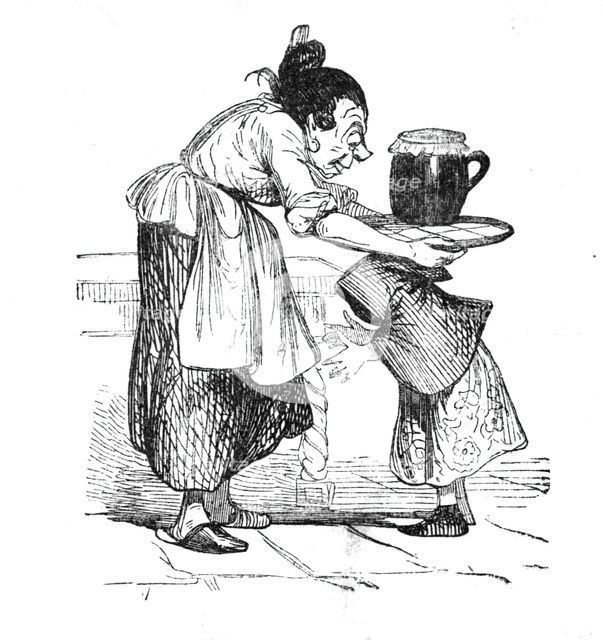 Little Red Riding Hood's mother gives her a pot of butter and a cake for her grandmother, 1842. Creator: Unknown.