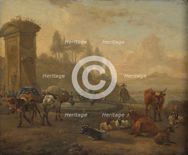 Livestock by a Fountain, 1650-1694. Creator: Willem Romeyn.