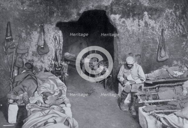Living quarters in a French cave, World War I, 1915. Artist: Unknown