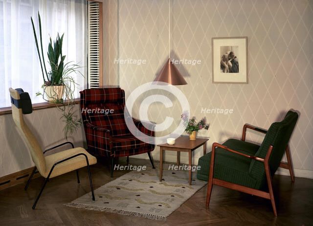 Living room in an ordinary Swedish flat, 1950s Artist: Göran Algård