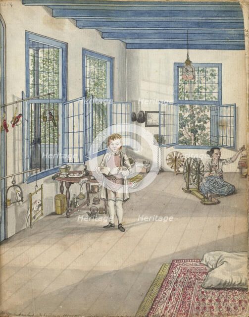 Living room with son Jantje and Flora, an enslaved woman, near a spinning wheel, 1784. Creator: Jan Brandes.