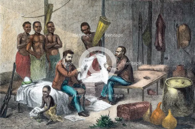 Livingstone and Stanley receiving newspapers in Central Africa, 1871-1873. Creator: Pearson.