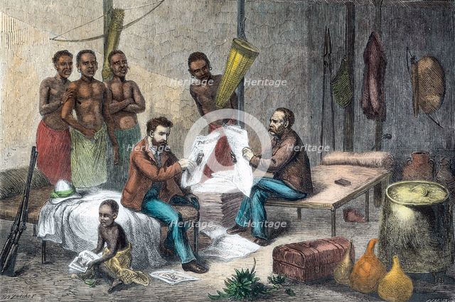 Livingstone and Stanley receiving newspapers in Central Africa, 1871-1873. Artist: Pearson