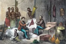 Livingstone and Stanley receiving newspapers in Central Africa, 1871-1873. Creator: Pearson