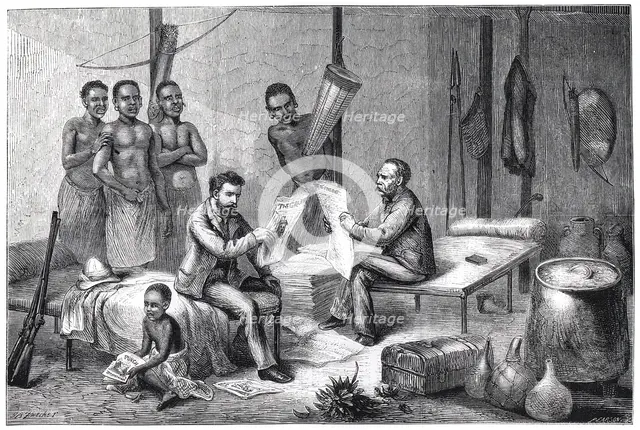 Livingstone and Stanley receiving newspapers in Central Africa, 1871-1873. Creator: Pearson.